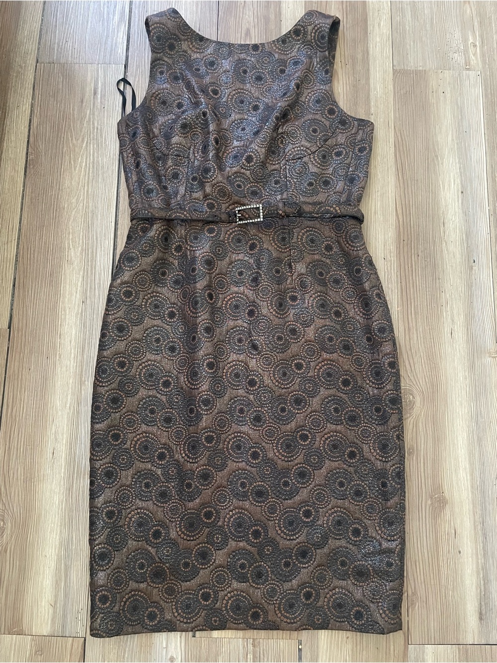 Anne Klein Sleeveless textured Brown Patterned Sheath Dress with Decorative Belt